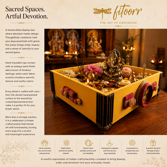 Handcrafted yellow Fitoorr puja display box with Lord Ganesha idol, flowers, diyas, incense and traditional decorative accents.