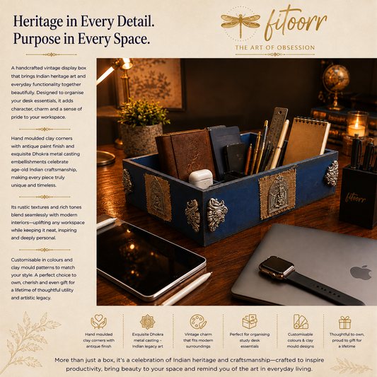 Handcrafted blue Fitoorr study desk organizer box featuring traditional Dokhra metal embellishments, clay details, notebooks, pens and modern workspace accessories.