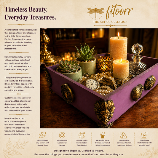 Handcrafted purple Fitoorr vintage wooden display box with antique embellishments, succulents, candles, pearls, a pocket watch and decorative keepsakes.