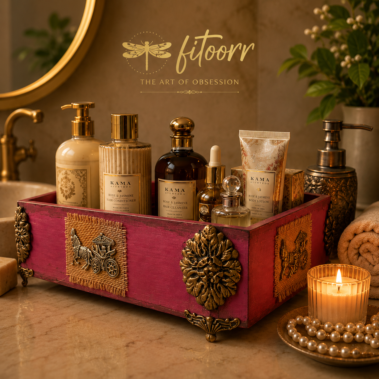 Handcrafted burgundy Fitoorr wooden bathroom organizer box featuring Dokhra metal panels, hand-moulded claywork, jute textile embellishments and antique-finish detailing, styled with luxury skincare products.