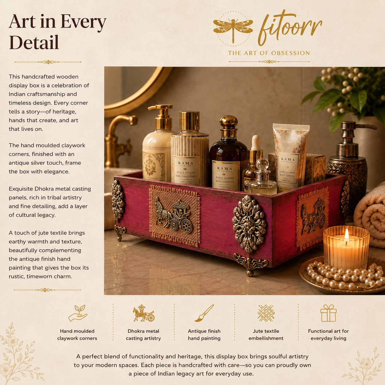 Handcrafted burgundy Fitoorr wooden bathroom organizer box featuring Dokhra metal panels, hand-moulded claywork, jute textile embellishments and antique-finish detailing, styled with luxury skincare products.