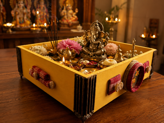 Handcrafted yellow Fitoorr puja display box with Lord Ganesha idol, flowers, diyas, incense and traditional decorative accents.