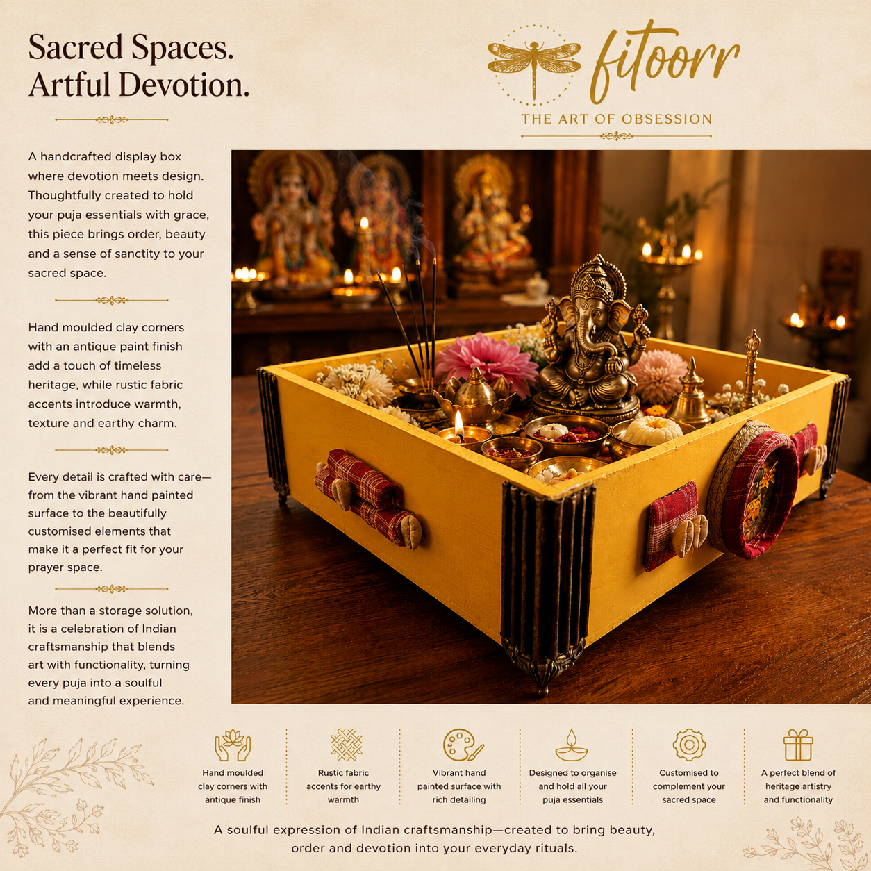 Handcrafted yellow Fitoorr puja display box with Lord Ganesha idol, flowers, diyas, incense and traditional decorative accents.