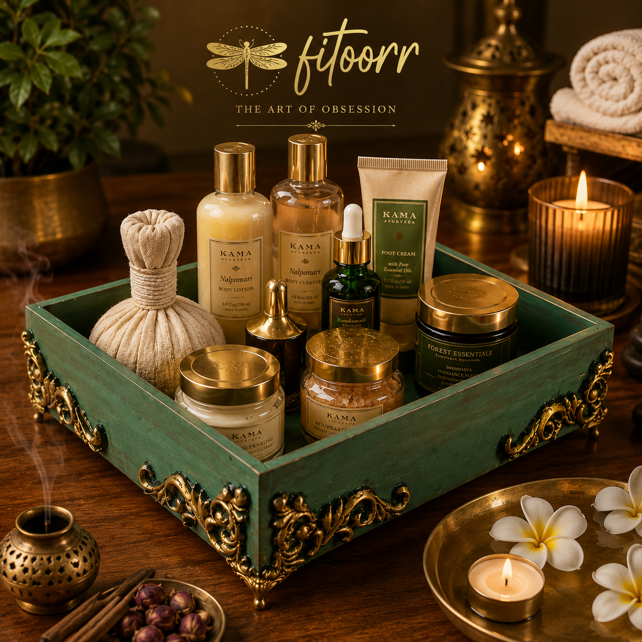 Handcrafted green Fitoorr wooden spa essentials organizer featuring antique gold embellishments, claywork details and wellness products, styled with candles, flowers and natural accents.