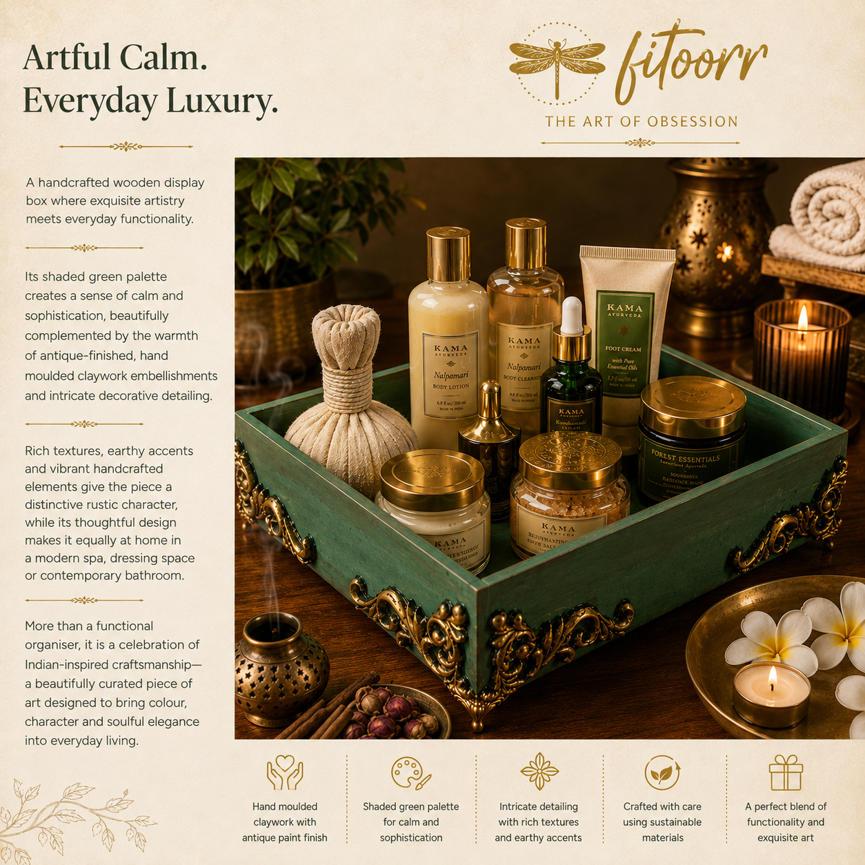 Handcrafted green Fitoorr wooden spa essentials organizer featuring antique gold embellishments, claywork details and wellness products, styled with candles, flowers and natural accents.