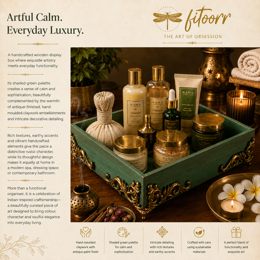 Handcrafted green Fitoorr wooden spa essentials organizer featuring antique gold embellishments, claywork details and wellness products, styled with candles, flowers and natural accents.