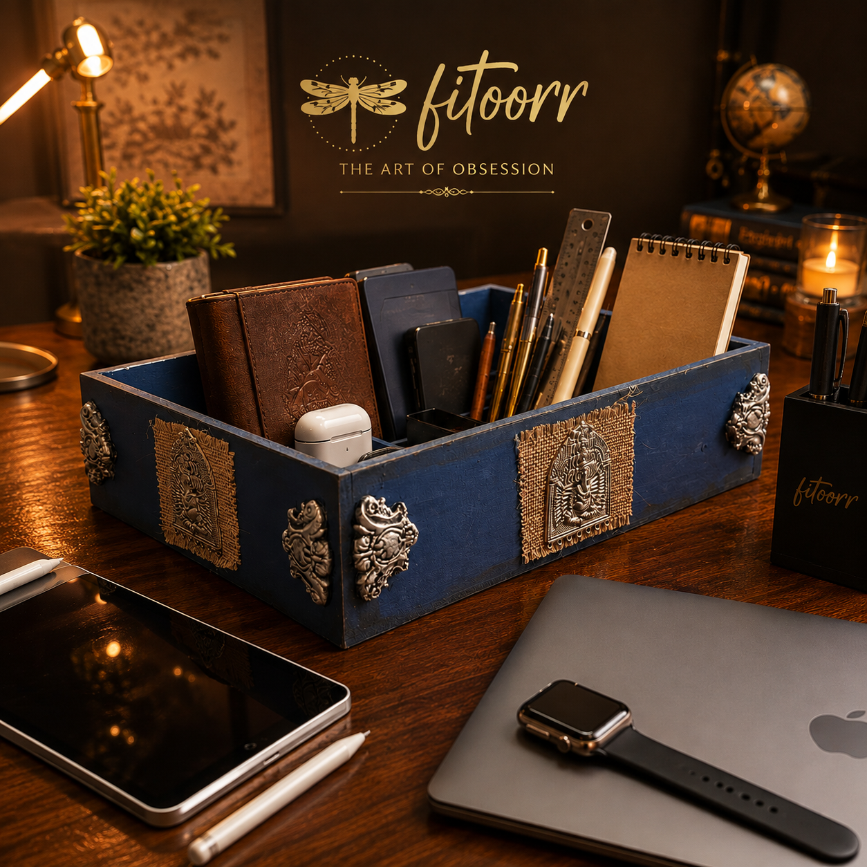 Handcrafted blue Fitoorr study desk organizer box featuring traditional Dokhra metal embellishments, clay details, notebooks, pens and modern workspace accessories.