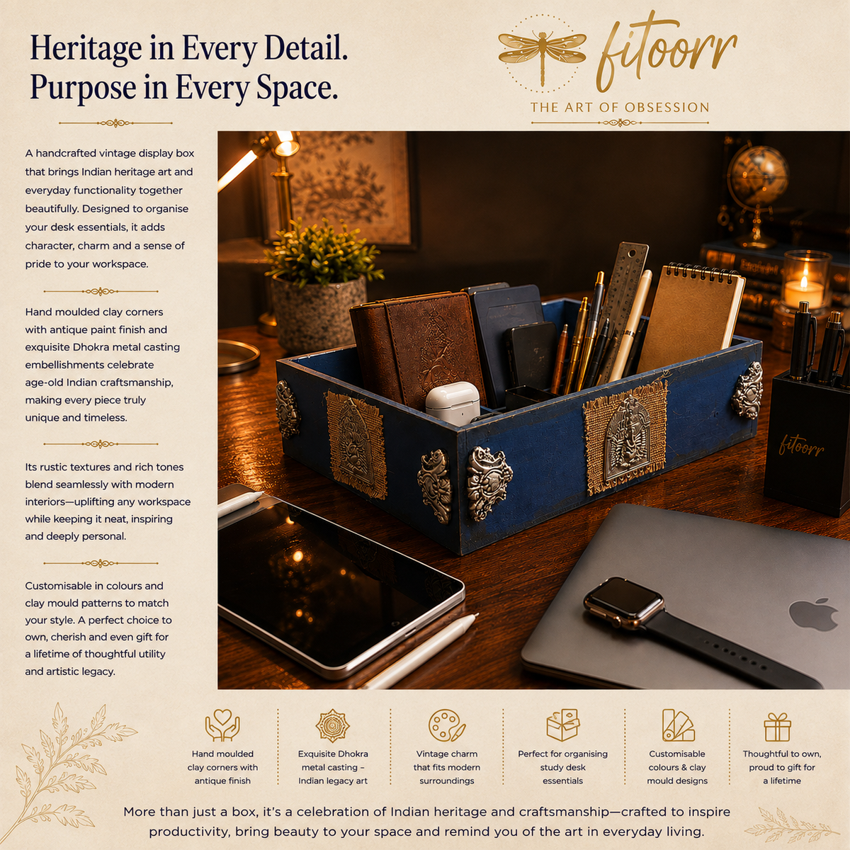Handcrafted blue Fitoorr study desk organizer box featuring traditional Dokhra metal embellishments, clay details, notebooks, pens and modern workspace accessories.