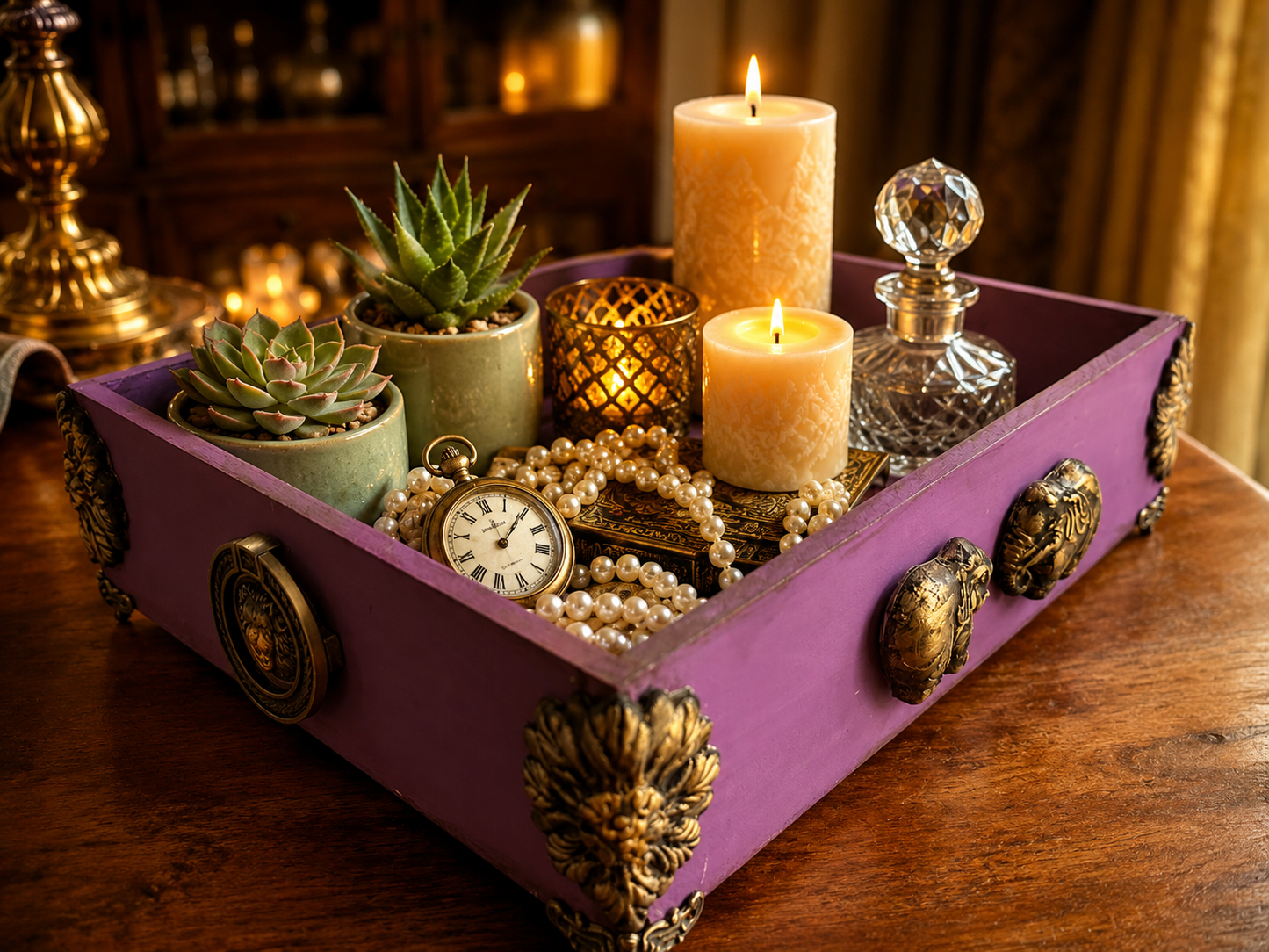 Handcrafted purple Fitoorr vintage wooden display box with antique embellishments, succulents, candles, pearls, a pocket watch and decorative keepsakes.