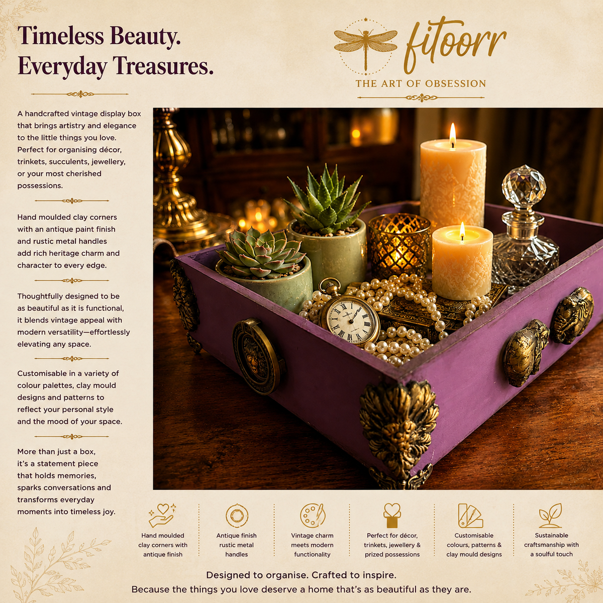 Handcrafted purple Fitoorr vintage wooden display box with antique embellishments, succulents, candles, pearls, a pocket watch and decorative keepsakes.